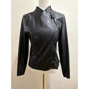 DKNY Black Faux Leather Draped Jacket XS/S Asymmetrical Moto Rib Knit